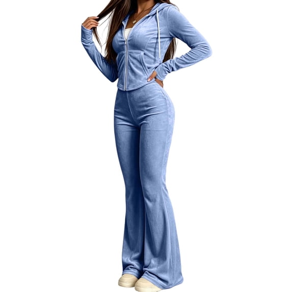 Women's Y2K Velvet Tracksuit Two Piece OutfitS Zip‑Up Hooded Crop Jacket High Waist Flare Pants Soft Velour Casual Athletic Street Sets Silver