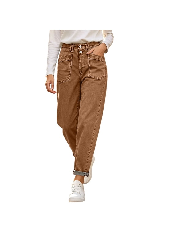 Women's Y2K Vintage Cargo Jeans High Waisted Double Button Zipper Fly Wide Leg Baggy Denim Pants Street Fashion Bottoms with Pocket Coffee