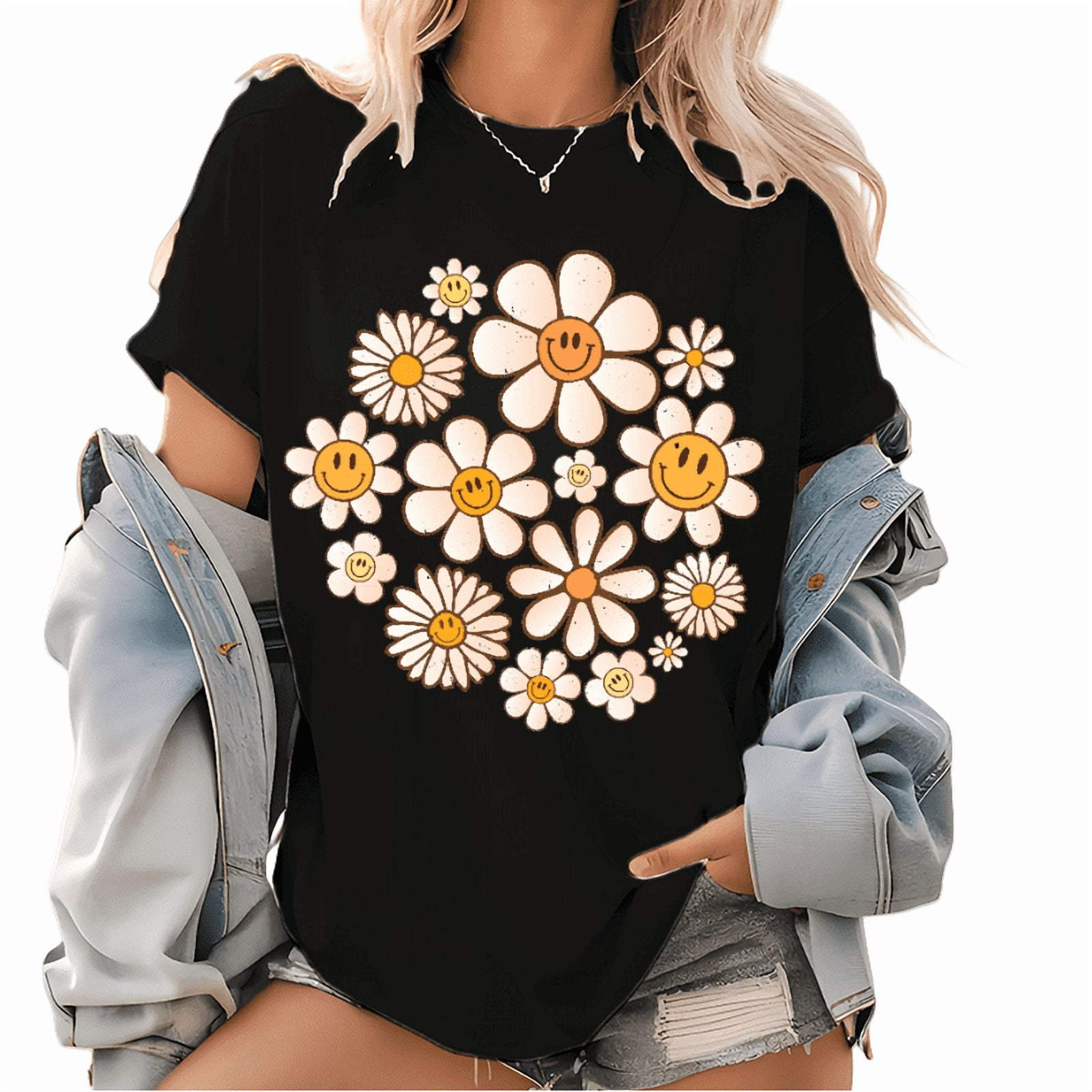 Y2K Flower Power Graphic Tee - Retro Smiling Daisy Print T-Shirt