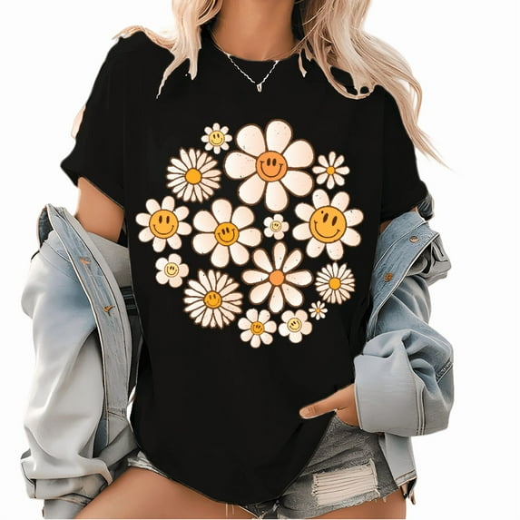 Y2K Flower Power Graphic Tee - Retro Smiling Daisy Print T-Shirt, Dopamine Dressing Vintage Inspired Women's Tops for Summer Good Vibes