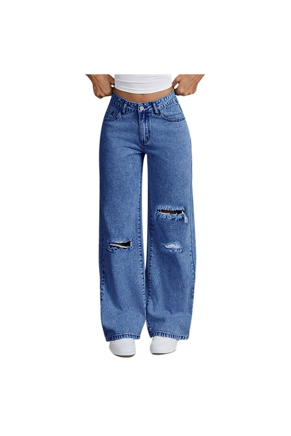 Women's Y2K Wide Leg Baggy Jeans with Bow Tie Decoration High Waisted Frayed Raw Hem Straight Leg Denim Pants