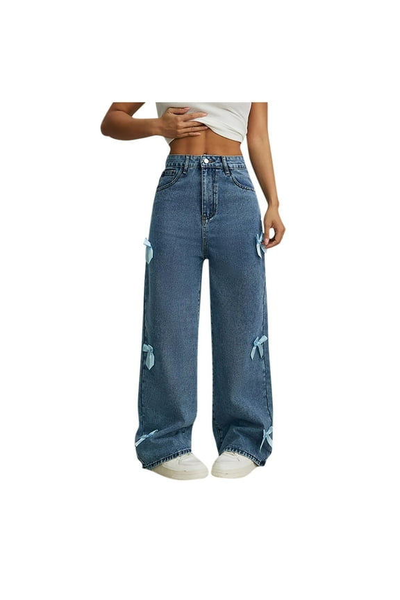 Women's Y2K Wide Leg Baggy Jeans with Bow Tie Decoration High Waisted Frayed Raw Hem Straight Leg Denim Pants
