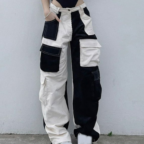 Women's Y2K Wide Leg Cargo Pants Streetstyle Color Block Sweatpant with Multi-Pockets Buckle Corduroy Floor Length Trousers