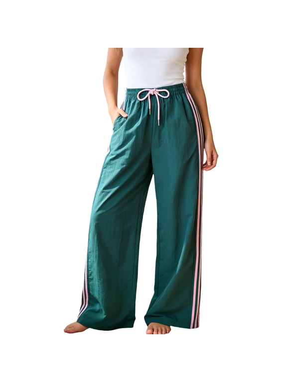 Women's Y2K Wide Leg Pants Striped Track Elastic Waist Long Sweatpants Parachute Pants,L
