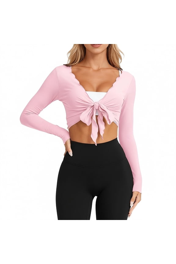 Women's Y2K Workout Wrap Top Long Sleeve Yoga Ballet Crop Top Casual Ballet Pilates Wrap Shirts Going Out Tops,L,Pink