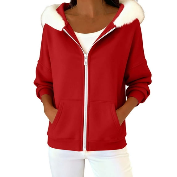 Women's Y2K Zip Up Hoodie - Oversized Fleece Long Sleeve Jacket with Pockets, Lightweight Faux Fur Trim Casual Sweatshirt
