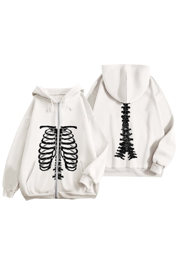 Women's Y2K Zip Up Hoodie Oversized Streetwear Skeleton Graphic Pullover Casual Soft Fleece Jacket Style Athletic Comfort Fit Harajuku Upper Garment
