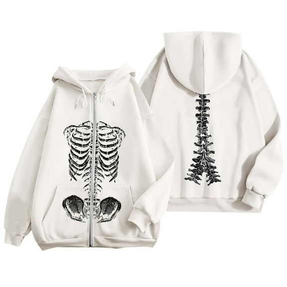 Women's Y2K Zip Up Hoodie Oversized Streetwear Skeleton Graphic Pullover Casual Soft Fleece Jacket Style Athletic Comfort Fit Harajuku Upper Garment