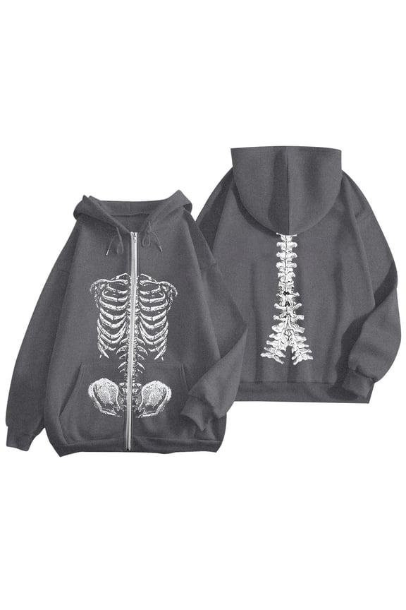 Women's Y2K Zip Up Hoodie Oversized Streetwear Skeleton Graphic Pullover Casual Soft Fleece Jacket Style Athletic Comfort Fit Harajuku Upper Garment