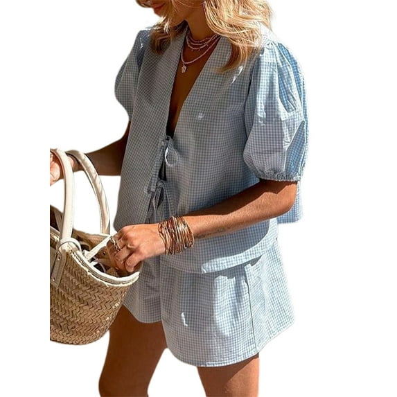 Women's Y2k 2 Piece Plaid Pajamas Set Gingham Puff Sleeve Peplum Tie Front Shirts Top and Shorts Set Loungewear Sleepwear