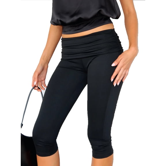 Women's Y2k Fold Over Capri Pants 3/4 Length Pants Foldover Leggings Knee Length Stretch Tight Solid Color Yoga Pants