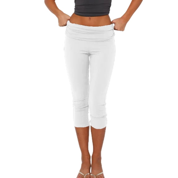 Women's Y2k Fold Over Capri Pants 3/4 Length Pants Foldover Leggings Knee Length Stretch Tight Solid Color Yoga Pants