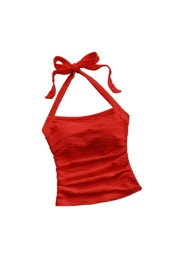 Women's Y2k Halter Tops Open Back Ruched Textured Tie Back Sleeveless Summer Going Out Cami Tops