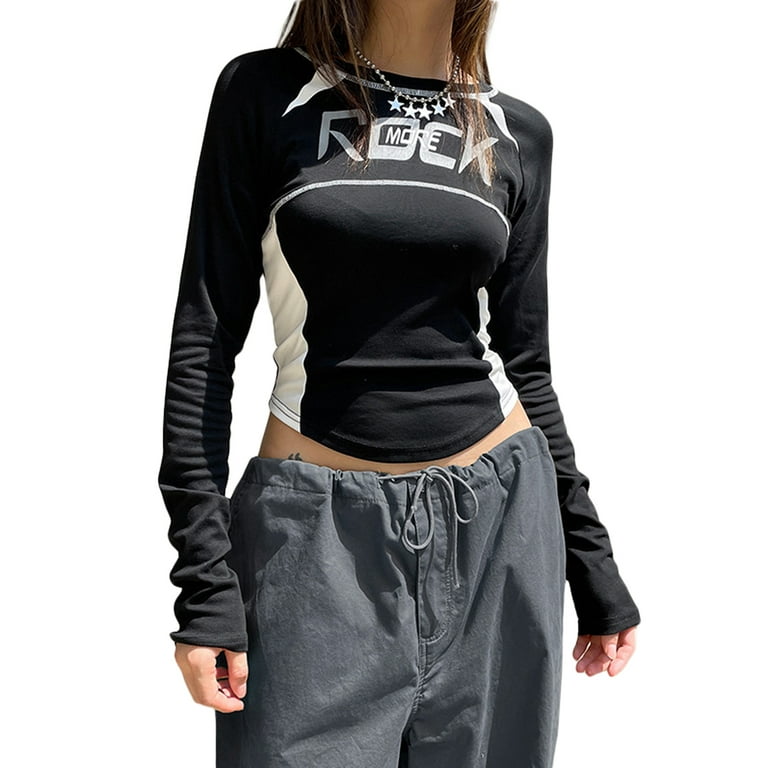 Women's Y2k Long Sleeve Top Slim Fit Shirts 90s Vintage Graphic E-Girl  Streetwear Aesthetic Tees Casual Fitted Top - Walmart.com