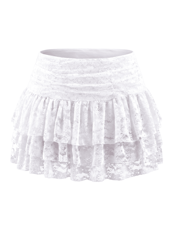 Women's Y2k Mini Ruffle Skirts with Shorts Cute Coquette Skort Skirts Ruffle Trim Skirt