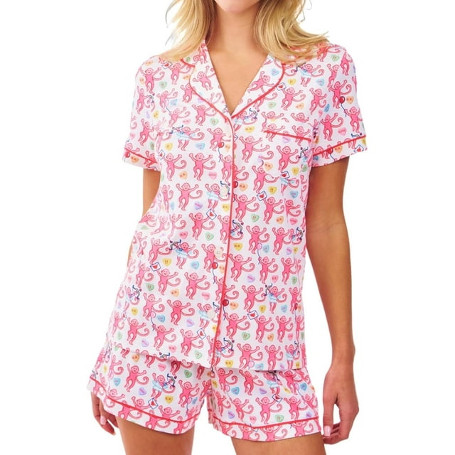 Women's Y2k Monkey Print Pajamas Preppy 2 Piece Button Front Sleep Pjs Shirts and Boxer Shorts Outfit Lounge Sets