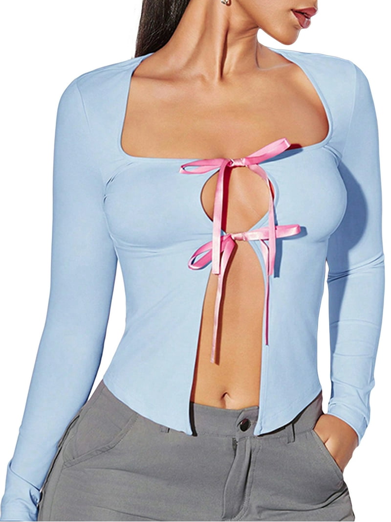 Women's Y2k Sexy Long Sleeve Crop Top Tie Up Front Square Neck