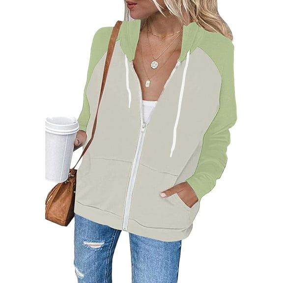 Women's Y2k Streetwear Casual Zip-Up Hoodie with Raglan Sleeves, Drawstring Hood and Color Block Design, Loose Fit Long Sleeve with Pockets for All Body Types Light Green XL