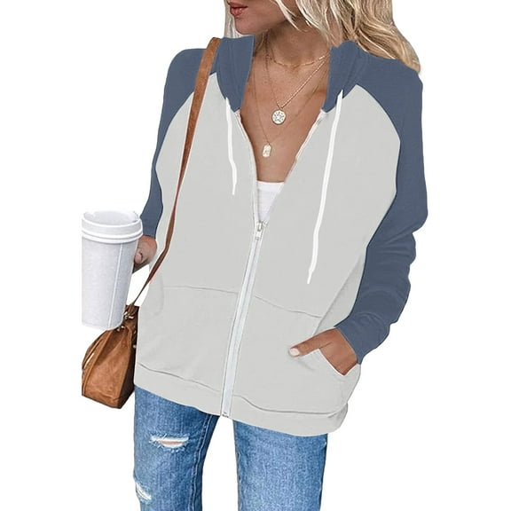 Women's Y2k Streetwear Casual Zip-Up Hoodie with Raglan Sleeves, Drawstring Hood and Color Block Design, Loose Fit Long Sleeve with Pockets for All Body Types Navy S