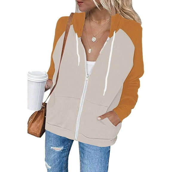 Women's Y2k Streetwear Casual Zip-Up Hoodie with Raglan Sleeves, Drawstring Hood and Color Block Design, Loose Fit Long Sleeve with Pockets for All Body Types Orange M
