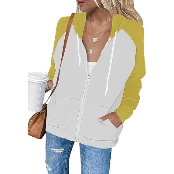 Women's Y2k Streetwear Casual Zip-Up Hoodie with Raglan Sleeves, Drawstring Hood and Color Block Design, Loose Fit Long Sleeve with Pockets for All Body Types Yellow S