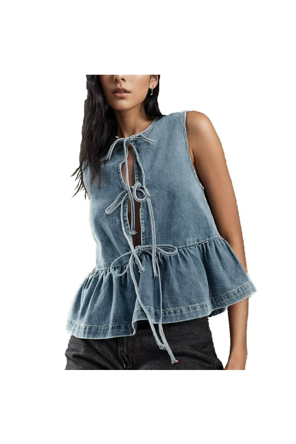 Women's Y2k Tie Front Denim Vest V Neck Ruffle Hem Sleeveless Peplum Jean Top Shirt,Womens Denim Tie Front Tops Babydoll Peplum Puff Sleeve Jean Shirts Crew Neck Summer Casual Bow Blouses