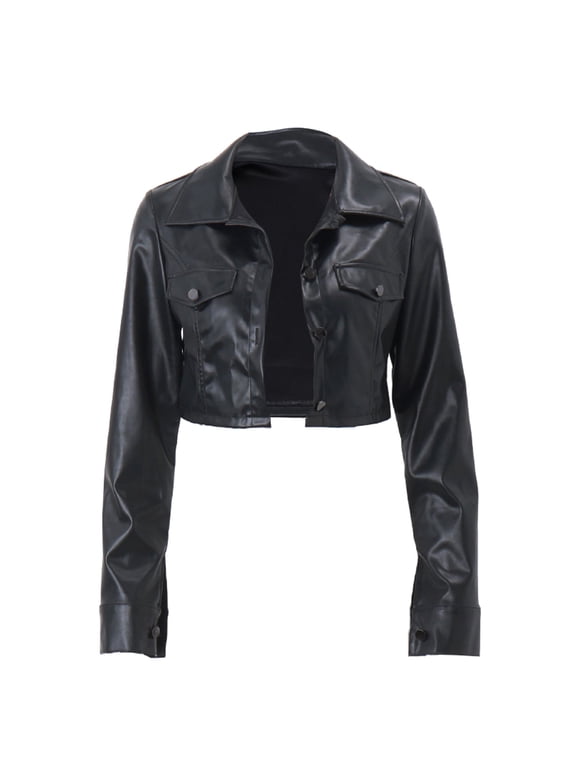 Jacket for Women Women's Y2K Faux Leather Crop Jacket Button Down Long Sleeve Casual Jacket Outerwear Short Coat Streetwear