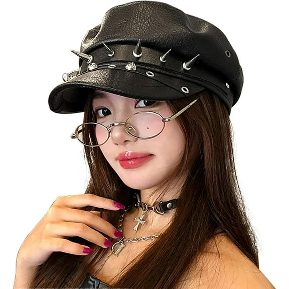 Women's Yacht Captain Cap Sailor Hat Rivet Studded Leather Newsboy Cabbie Beret Punk Rocker Cap Hat