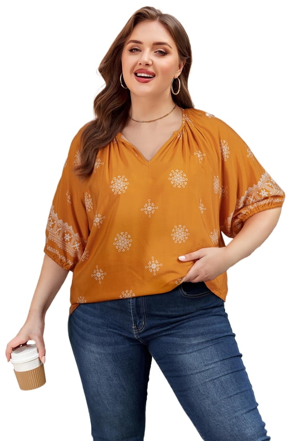 Women's Yellow Boho Chic Floral V Neck Top – Perfect for Summer Casual Style, 4X