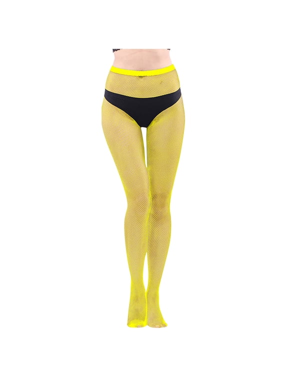 Women's Yellow Fishnet Stockings Super Elastic Fashionable Perforated Mesh Tights, One Size