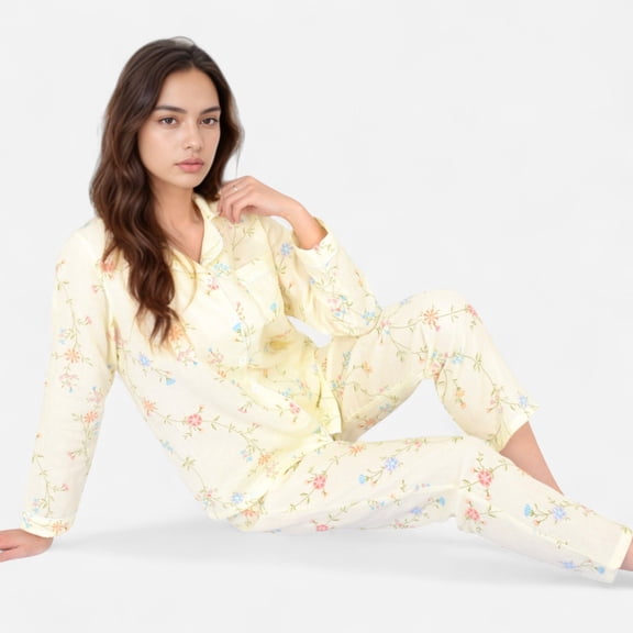 Women's Yellow Floral Print Long Sleeve Pajama Set with Button-Up Top Single Chest Pocket and Relaxed Fit Pants - Light Beige, Small