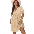 thumbnail image 1 of Women's Yellow Floral Short Sleeve V Neck Frilly Tiered Mini Dress - Perfect for Summer Occasions | [ZhiHiMeRi] | (US 12-14)L, 1 of 12