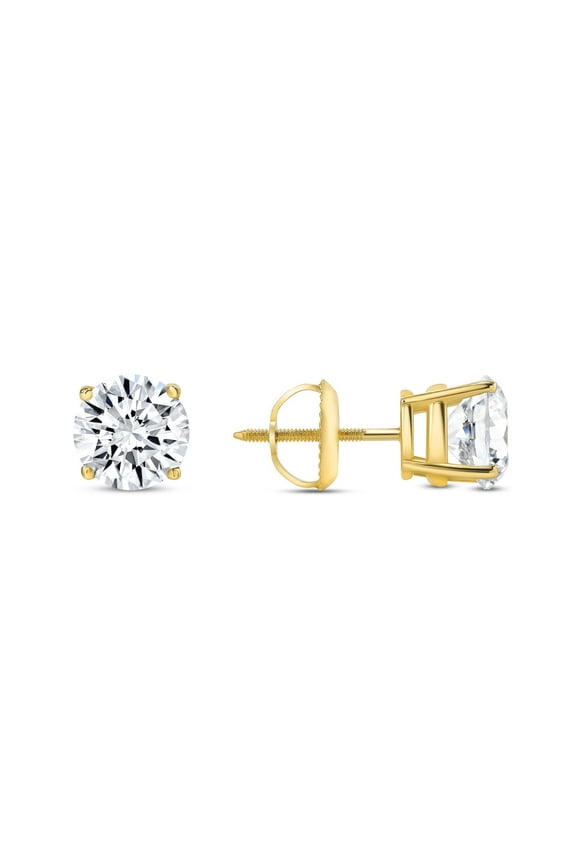 Women's Yellow Gold Diamond Stud Earrings, Real Yellow Gold Round Lab Grown Diamond Earrings, Classic Solitaire Fine Jewelry Gift for Wife, Mom, Girlfriend, Mother's Day