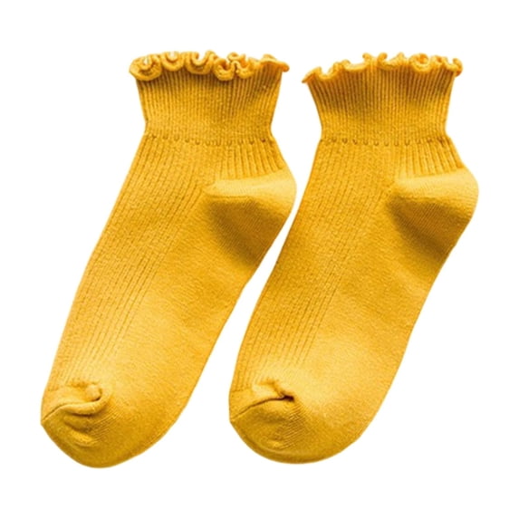 Women's Yellow Lace Ruffle Ankle Socks Cute Breathable Frilly Trim Short Socks for Casual Daily Wear