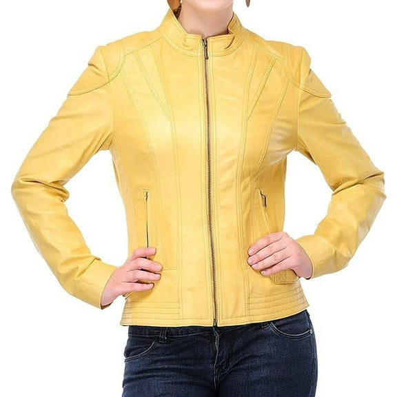 Women's Yellow Lambskin Real Leather Stylish Jacket Biker Motorcycle Slim Fit Coat W724