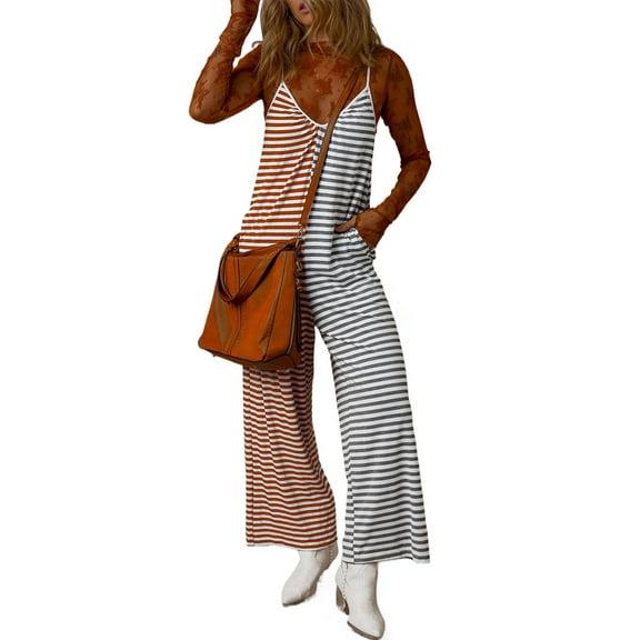 Women's Yellow Stripe Two Tone Contrast Spaghetti Strap Backless Jumpsuit | [ZhiHiMeRi] | (US 16-18)XL