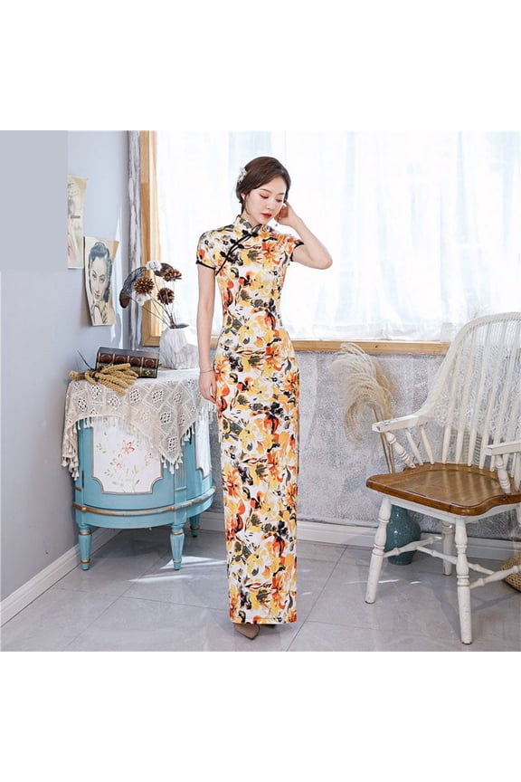 Women's Yellow Vintage Floral Qipao Dress - Bridal/Cheongsam Summer Maxi Evening Gown with Short Sleeves & Slit for Wedding Guest, Garden Party, Cultural Events & Formal Occasions