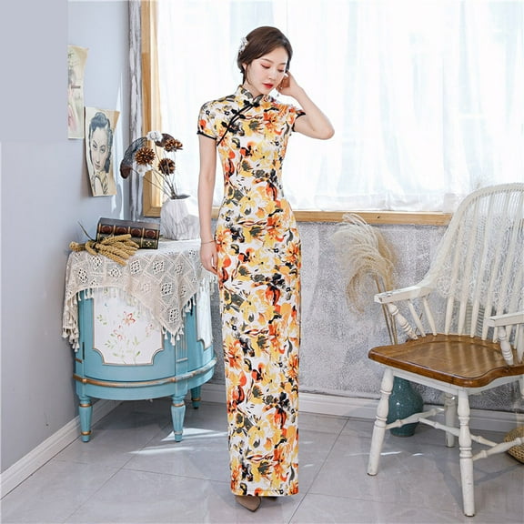 Women's Yellow Vintage Floral Qipao Dress - Bridal/Cheongsam Summer Maxi Evening Gown with Short Sleeves & Slit for Wedding Guest, Garden Party, Cultural Events & Formal Occasions