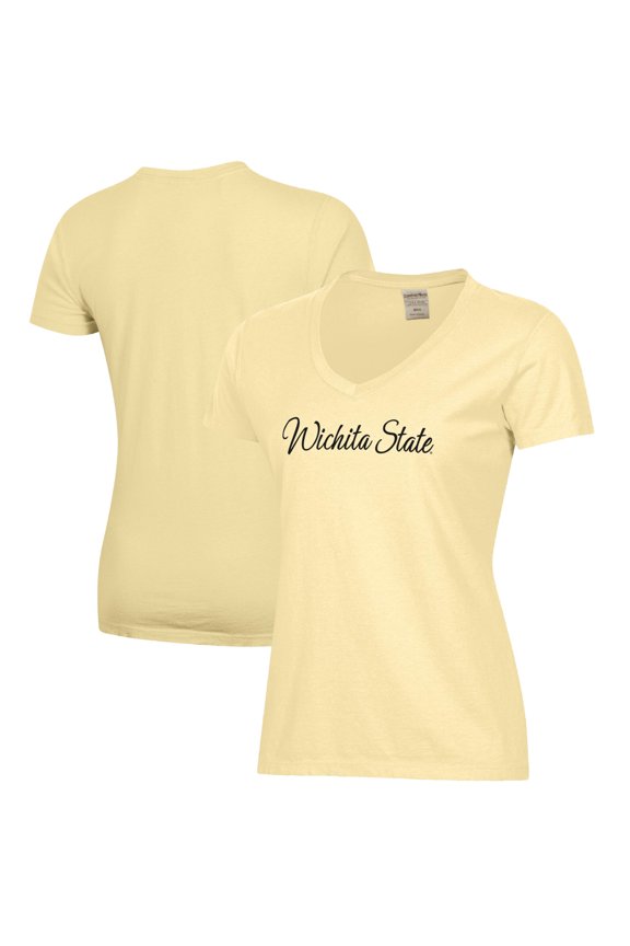 Women's Yellow Wichita State Shockers Script Logo Comfort Wash V-Neck T-Shirt