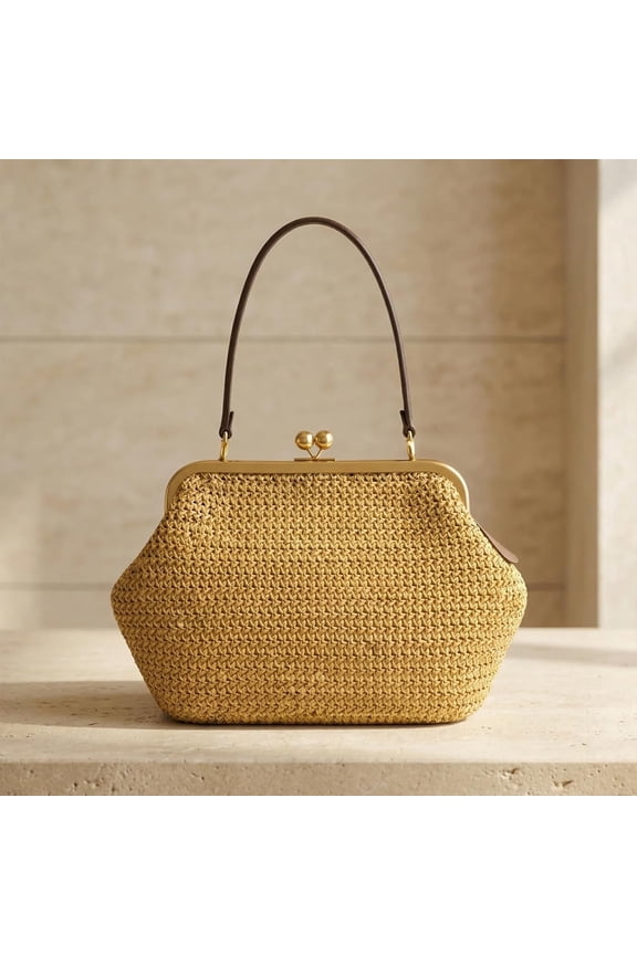 Women's Yellow Woven Shoulder Bag, Large Capacity Straw Handbag with Retro Kiss Lock, Summer Vacation Beach Purse