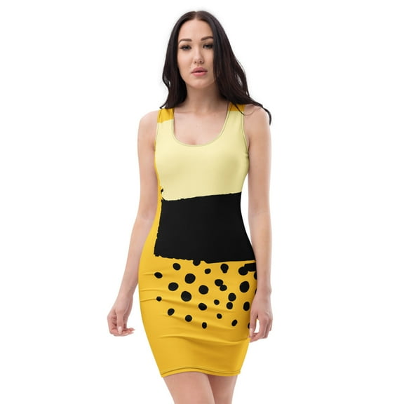 Women’s Yellow and Black Bodycon Dress – Sleeveless Abstract Print Tank Dress (XS)