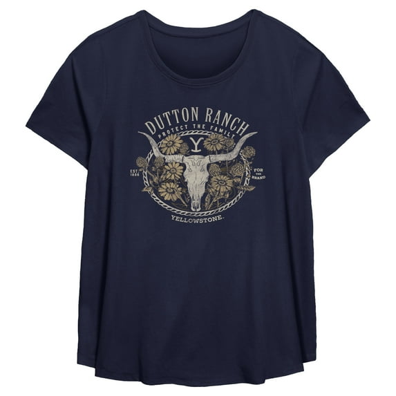 Women's Yellowstone Cow Skull and Flowers Protect The Family Graphic T-Shirt