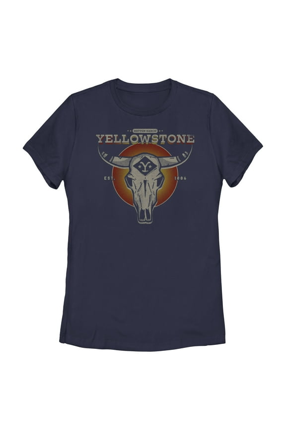 Women's Yellowstone Sunset Dutton Ranch Cow Skull Graphic T-Shirt