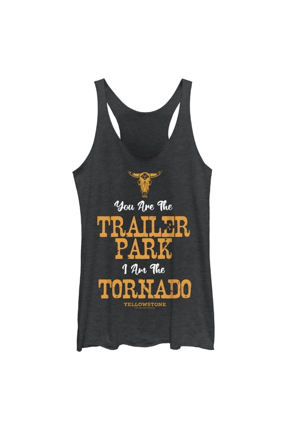 Women's Yellowstone You Are The Trailer Park, I'm A Tornado Racerback Tank Top Black Heather Medium