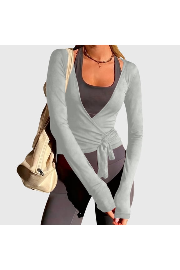 Women's Yoga Ballet Wrap Tops Oversized Deep V Neck Tie Front Workout T Shirts Casual Solid Plus Size Loose Comfy Lightweight Cardigan Open Front Cover Up Blouse