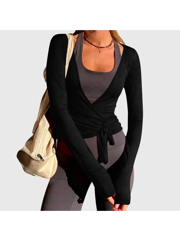 Women's Yoga Ballet Wrap Tops Oversized Deep V Neck Tie Front Workout T Shirts Casual Solid Plus Size Loose Comfy Lightweight Cardigan Open Front Cover Up Blouse