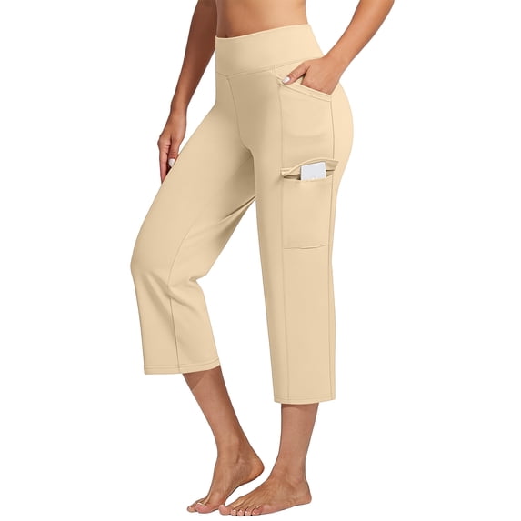Women's Yoga Capris Pants High Waist Leggings Straight Leg Athletic Exercise Workout Crop Capris Beige 2XL