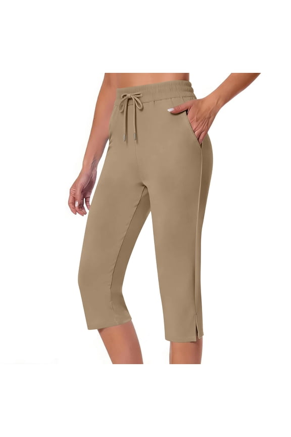 Women's Yoga Capris with Side Pockets Stretchy Solid Color Drawstring Elastic Waist Sports Pants Comfy Breathable Loose Cropped Trouser New Khaki L