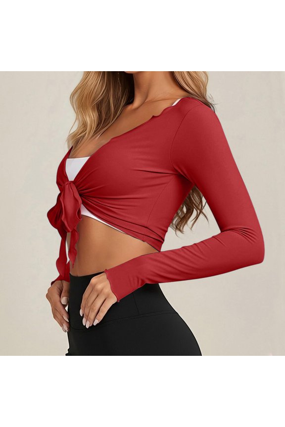 Women's Yoga Cover Up, Long Sleeve Wrap Top with Deep V Neck and Tie Detail, Lightweight & Flowy Ballet Shirt for Workout, Studio, and Casual Wear-Red