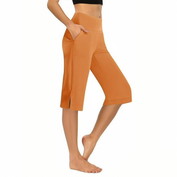 Women's Yoga Crop Pants Stretchy Comfy High Waist Split Hem Capris Trousers Fitness Workout Sweatpants with Pocket Orange Large